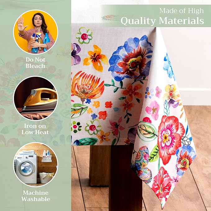 Maison d' Hermine Table Cloth Rectangle Table 100% Cotton 60 x 108 Inches Tablecloth Reusable Decorative for Dining Room Farmhouse Valentines Day Decorations Spring Summer- Happy Florals - High Summer