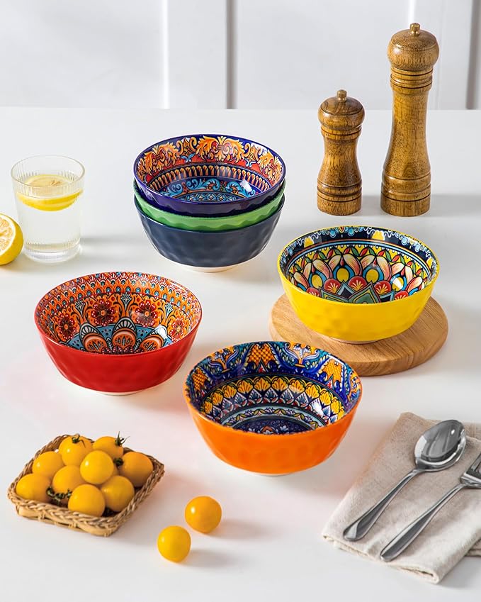 vancasso Boho Cereal Bowls Set of 6, 26 oz Ceramic Soup Bowls with Colorful Bohemian Pattern, Microwave & Dishwasher Safe Serving Bowls for Salad, Oatmeal, Pasta, KRVI Series