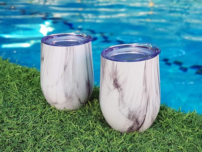 CHILLOUT LIFE 12 oz Stainless Steel Wine Tumblers 4 Pack - Double Wall Vacuum Insulated Wine Glasses Cups with Lids and Straws Set Keeping Cold & Hot for Coffee, Beer, Ice Cream - Carrara Marble