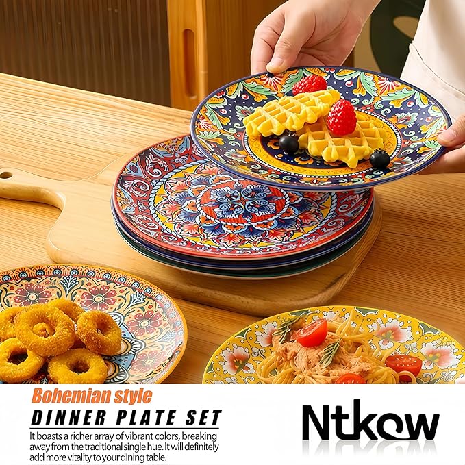 6piece Bohemian ceramic plates 8inch pasta plates spacious, suitable for microwave oven and dishwasher perfect for holiday parties and family gatherings