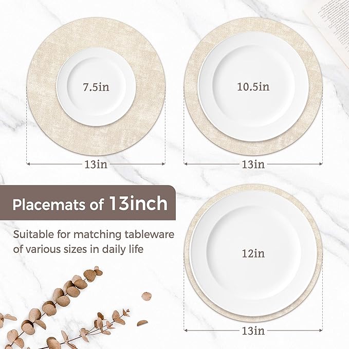 13" Round Placemats Set of 4, Reversible Faux Leather Heat Resistant Table Mats, 100% Waterproof Oilproof Wipeable Table Protective Placemats for Vinyl, Washable for Indoor & Outdoor Use (4, Beige)