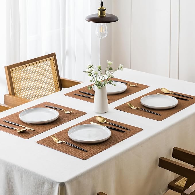 Jovono Faux Leather Placemats Set of 6, Waterproof Washable Table Mats, Easy-Clean Heat Resistant Kitchen Vinyl Place Mat for Dining Table, Restaurant, Indoor, 17.8"x11.8", Brown