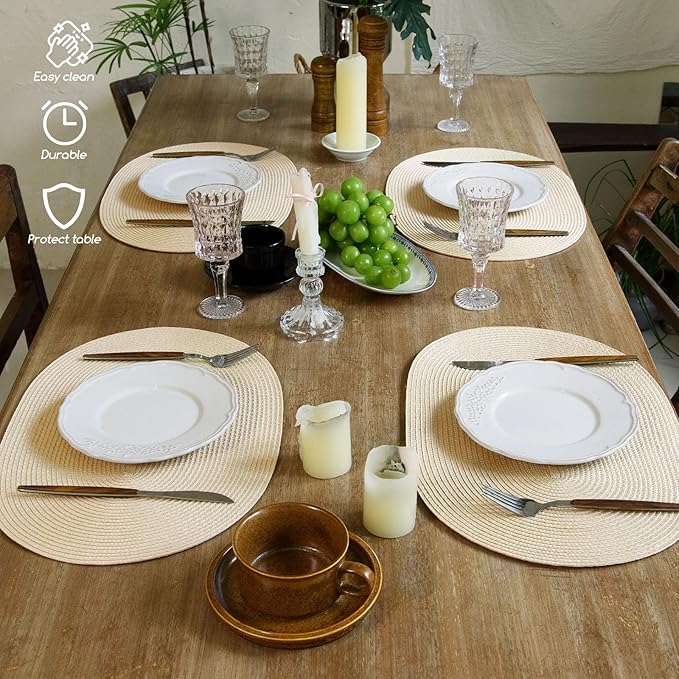 FunWheat Oval Braided Placemats Set of 4 Table Mats for Dining Tables Washable Heat Resistant Place Mats for Indoor Outdoor Use 12 x18 Inch(Oval Beige, 4pcs)