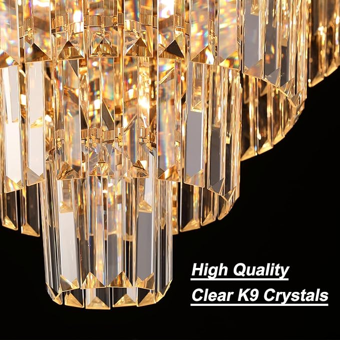 Modern Crystal Chandelier Gold Round Chandeliers Light Fixture for Dining Room Raindrop Pendant Ceiling Lighting Foyer Hallway Entryway Chandelier 5-Tier 10 Lights W23.6