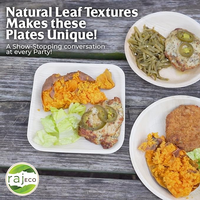 Raj Disposable Palm Leaf Plate [50-Pack] Large Square Plates Strong and Reusable Party Plate Like Bamboo Plates - Decorative Compostable Tableware for Lunch, Dinner, Birthday, Outdoor BBQ