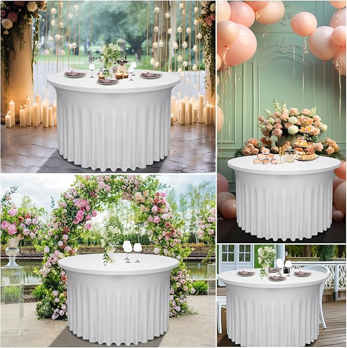 2 Pack White Round Table Skirt, 60 Inch Diameter x 30 Inch Height, Stretch Polyester Spandex Tablecloth for 5ft Round Tables, Stain & Wrinkle Resistant for Wedding, Banquet Decor