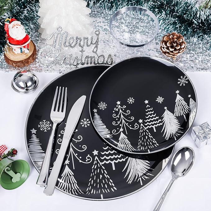 KIRE 150PCS Christmas Plates Disposable & Dinnerware Set for 25 Guests - Black & Silver Plates, Plastic Silverware & Cups With Silver Rim for Christmas/New Year
