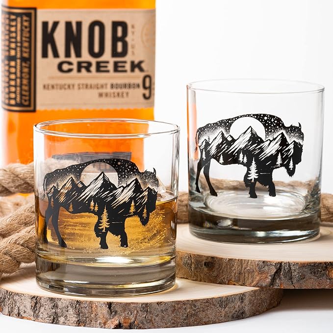 Black Lantern Buffalo Landscape Whiskey Glass Set Set of 2 11oz Heavy Base Glasses for Bourbon, Scotch & Cocktails | Gift for Outdoor Enthusiasts
