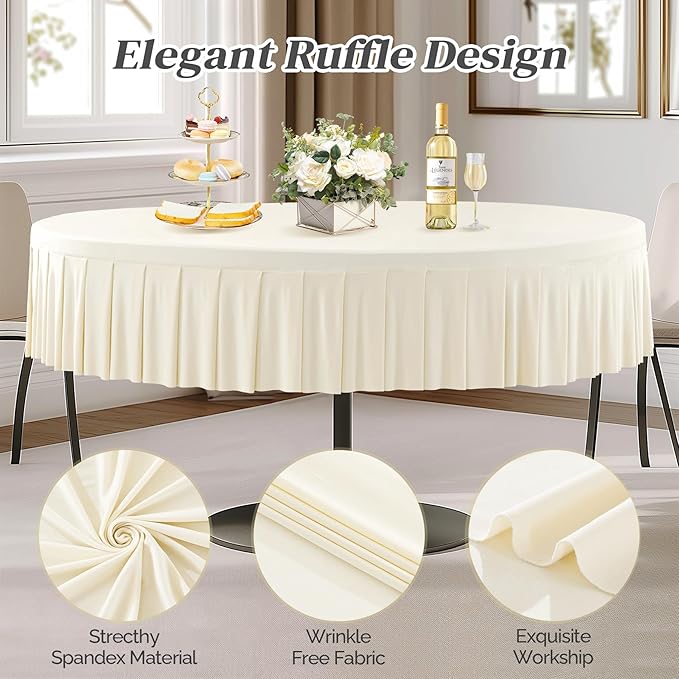 8 Pack Ivory Spandex Round Tablecloths for 60 inch Tables, Stretchy Fitted 5FT Round Table Cloths with Skirt for Wedding Party Dining Banquet