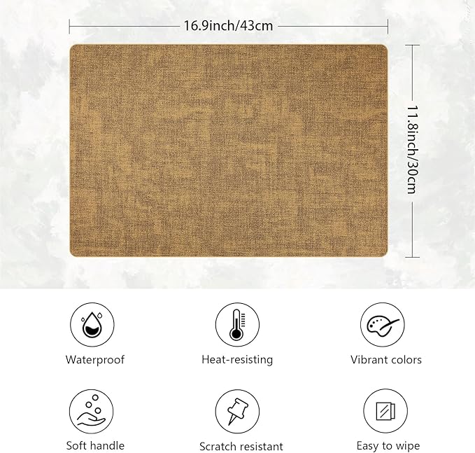 Placemats Set of 6 Faux Leather Heat Resistant Tables Mats Waterproof Oilproof Wipeable Reversible Anti-Slip Place Mats for Kitchen/Dining/Party/Outdoor 11.8" x 16.9", Caramel