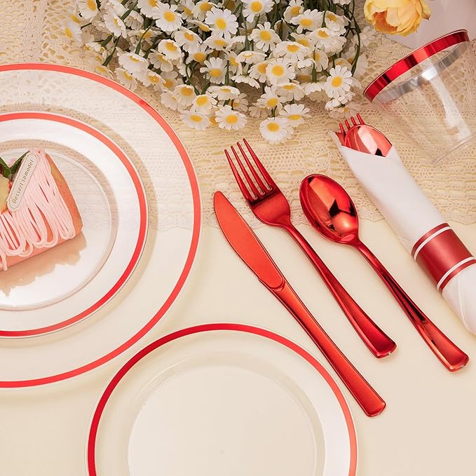 700PCS Clear Red Disposable Plastic Dinnerware Set for 100 Guests, 200 Plastic Plates, 100 Cups, 100 Pre-Rolled Napkins with Cutlery for Party, Christmas, Birthday, Wedding, Thanksgiving, Halloween