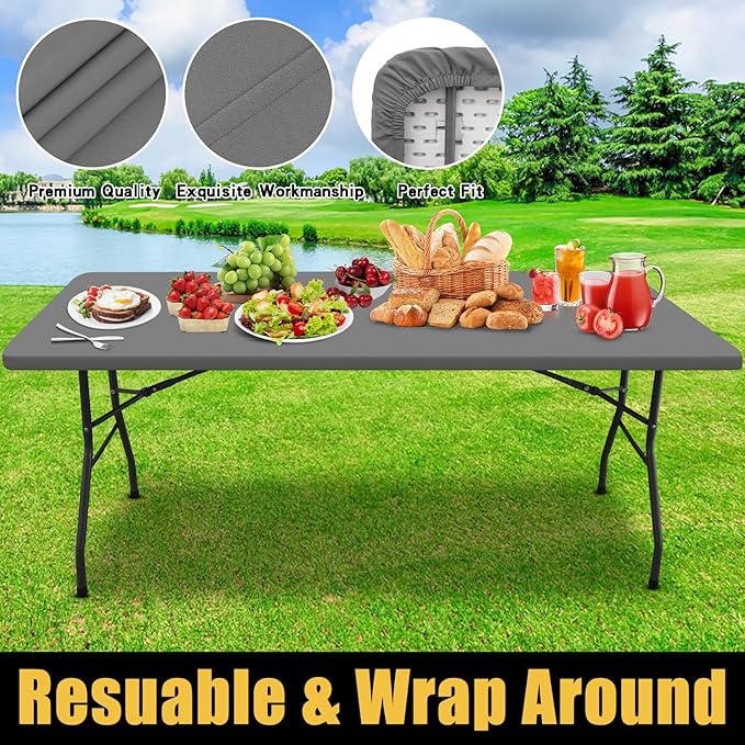 Smiry Rectangle Picnic Table Cloth, Waterproof Elastic Fitted Tablecloths for 4 Foot Tables, Washable Polyester Table Cover for Camping, Indoor and Outdoor (Grey, 30"x48")