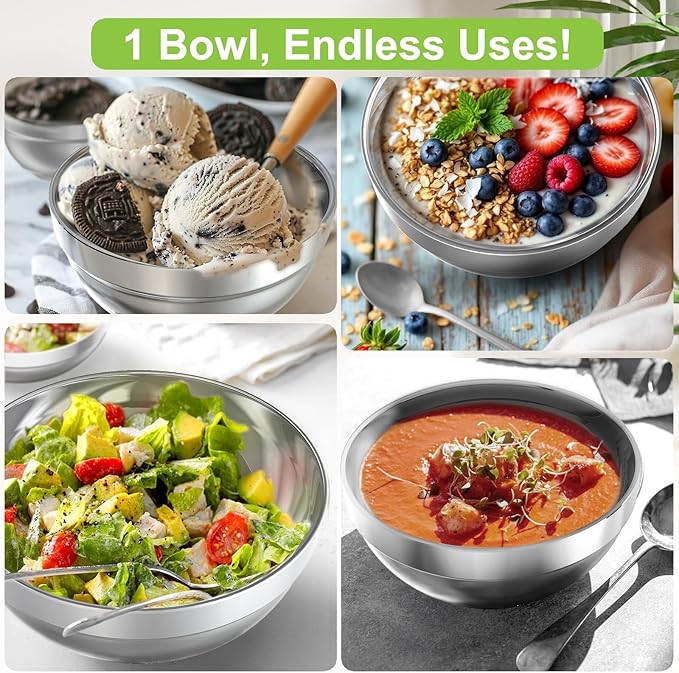 Stainless Steel Bowls, 6 Pack 5.1in 15.9oz 470ml Mini Small SUS304 Double Wall Insulated Stackable Metal Eating Bowl Containers for Serving Snacks Ice Cream Soup Cereal Food Rice Salad