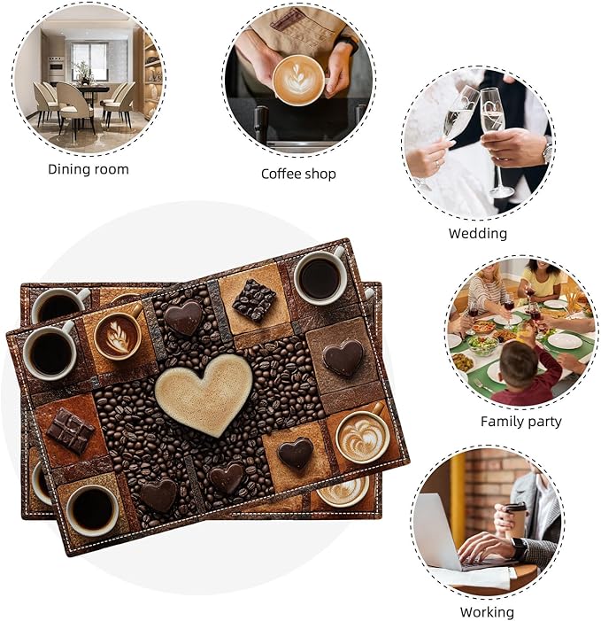 Coffee Placemats Set of 4, Cafe Table Mats, Washable Place Mats for Coffee Bar Home Party Indoor Kitchen Dining Table Decoration 12x18 Inch