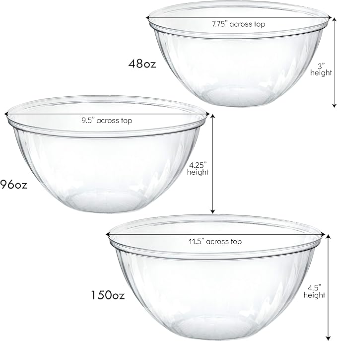 PLASTICPRO Disposable Combo Set of Salad Bowl Includes 4, 48 Ounce 4, 96 oz 4, 150 Ounce Round Crystal Clear Plastic Serving Bowl