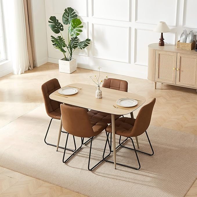Modern 47.2" Dining Table Set for 4 with Leather U-Shaped Chairs, Wood Table with Cat Scratch-Resistant Surface, Ideal for Kitchen & Dining Room