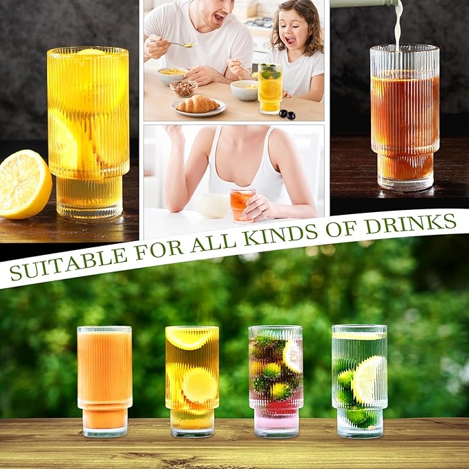 Ribbed Glasses Drinking Glassware - Set of 12 Vintage Cute Cocktail Cups - 6 Pcs Ripple Rluted Aesthetic Drinkware 16 oz & 6 Pcs House Essentials Glass 6 oz for Drink Coffee Beer