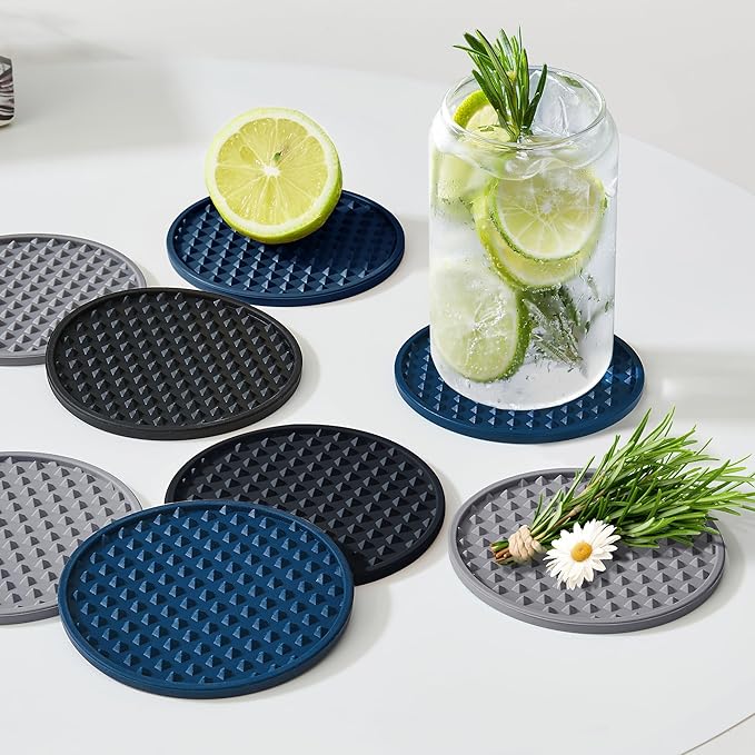 Coasters for Drinks, Silicone Coasters Set of 16 with Metal Holder, Outdoor Coaster for Coffee Table, Non-Slip Rubber Table Cup Mat Desk, Heat Resistant & Scratch-Proof (Navy Blue)