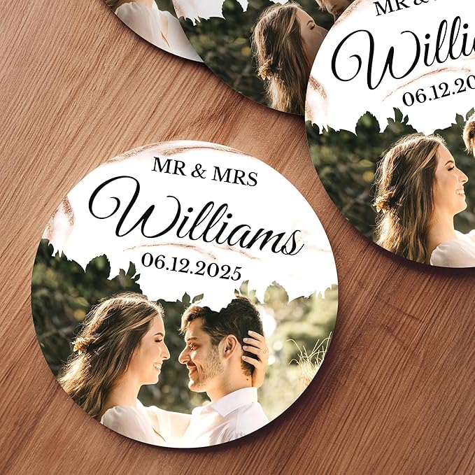 100 Pack Personalized Wedding Coasters, Custom Cardboard Coasters for Drinks with Photo Print and Text, Keepsake Wedding Favors and Gifts for Couples, 3.95" Round (Design 9)