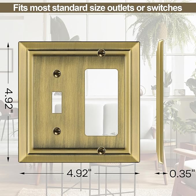 Metal Wall Plate for Electrical Outlets, Decorative Antique Brass Switch Plates Outlet Cover, Light Switch Cover Plate, 2-Gang Wall Plates (Toggle/Decorator, 2 Pack)