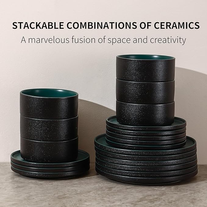 GZG Classic Series - Plates and Bowls Set for 8, 24 Piece Stoneware Dinnerware Sets, Microwave and Dishwasher Safe Lead-Free Handcrafted Ceramic Dishes Set - Malachite Green