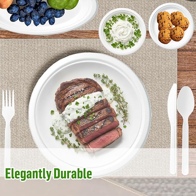 Compostable Heavy Duty Disposable Paper Plates, 150 Count | 10 Inch Round | Natural Bagasse, White Biodegradable Eco-Friendly Sugarcane BBQ, Party, Gathering, Picnic Sugarcane Tray