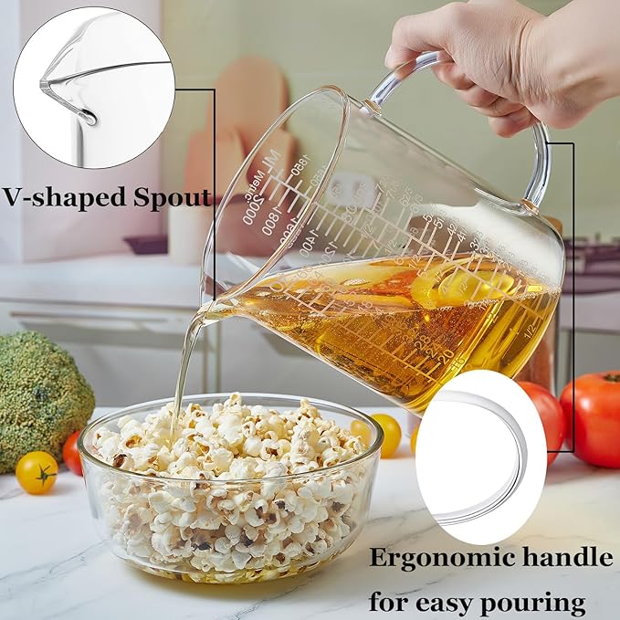 Borosilicate Glass Measuring Cup with Insulated Handle, V-Shaped Spout, Clear, 2000ml/64oz Capacity, Etched Graduation, Easy to Read