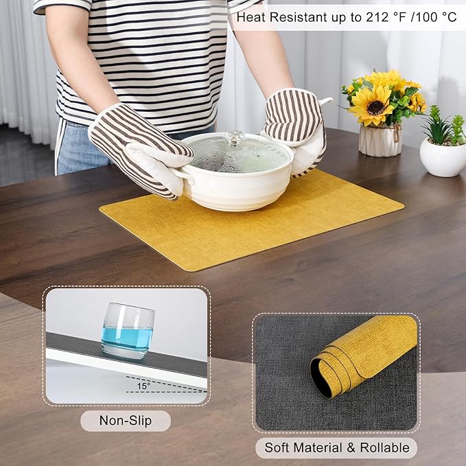 Myir JUN Dual Sided Placemats, Faux Leather Set of 6 Indoor/Outdoor Square Non-Slip Washable Table Mats (Gray Yellow)