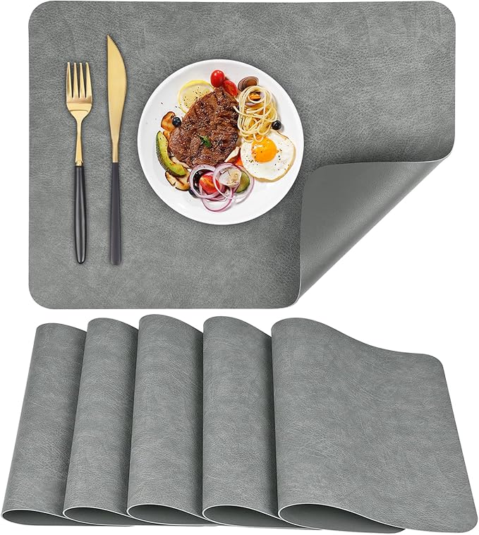 AAPLKER Faux Leather Placemats Set of 6, Vinyl Placemats Wipeable Waterproof Oil-Proof Table Mats, Heat Resistant Place Mats, Table Mats for Kitchen Indoor Outdoor, 16.9 x 11.8 inches (Grey)