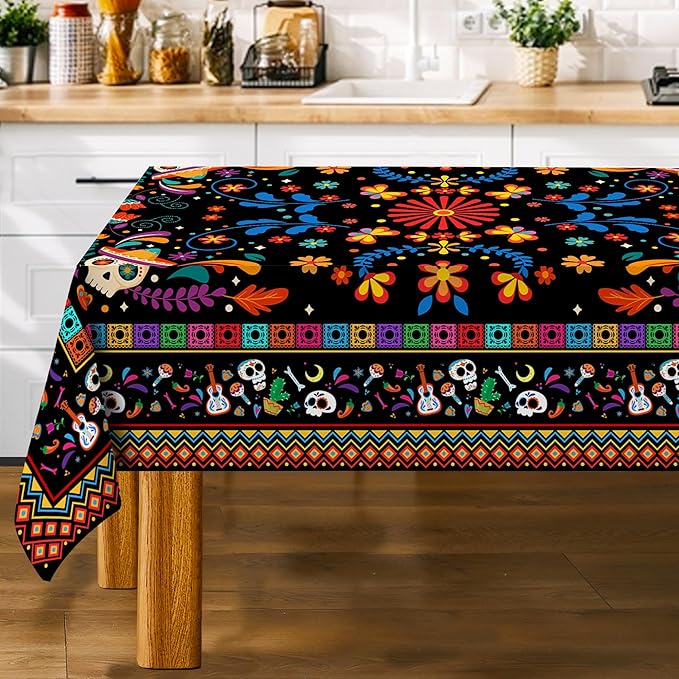 Mexican Tablecloth Rectangle 60 x 120 Inch, Cinco De Mayo Flower Skull Table Cloth Fiesta Indoor Decorations for Dining Room Party
