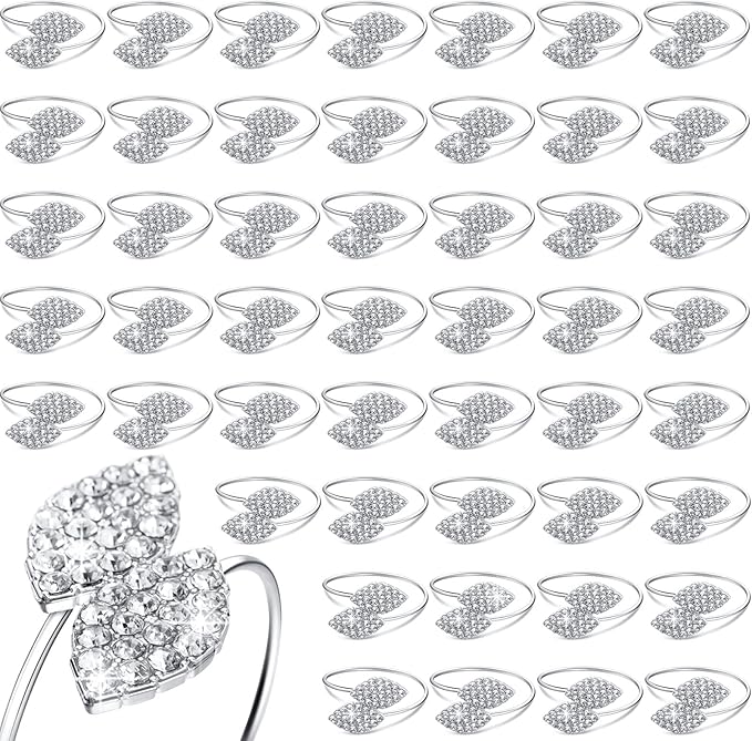 Hotop 24 Pcs Silver Holiday Napkin Rings Set Silver Bling Winter Napkin Rings Bulk Metal Leaves Holders Rhinestone Buckle for Wedding Christmas Dinner Gather Party Prom Table Decoration
