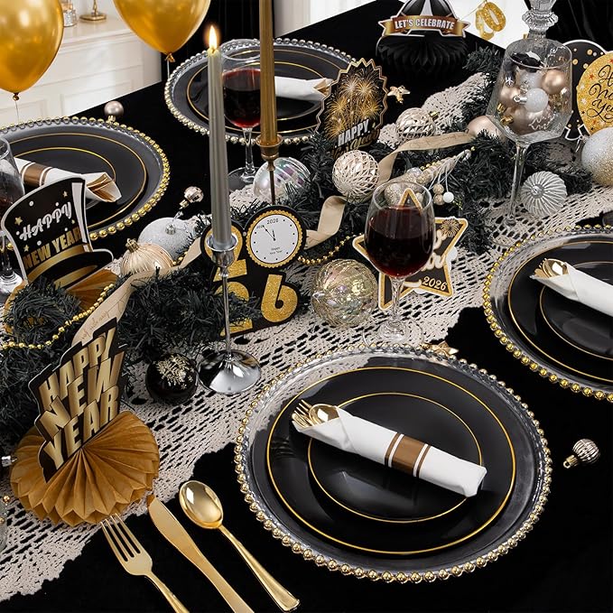 WDF 150PCS Black Plastic Plates - Black and Gold Plates Disposable - 25guest Disposable Dinnerware Sets for Party/Wedding/Halloween/New Year