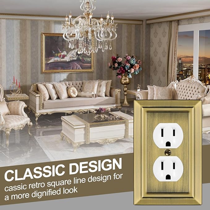 Metal Wall Plate for Electrical Outlets, Decorative Antique Brass Switch Plates Outlet Cover, Light Switch Cover Plate, 1-Gang Wall Plates (Duplex Outlet, 6 Pack)