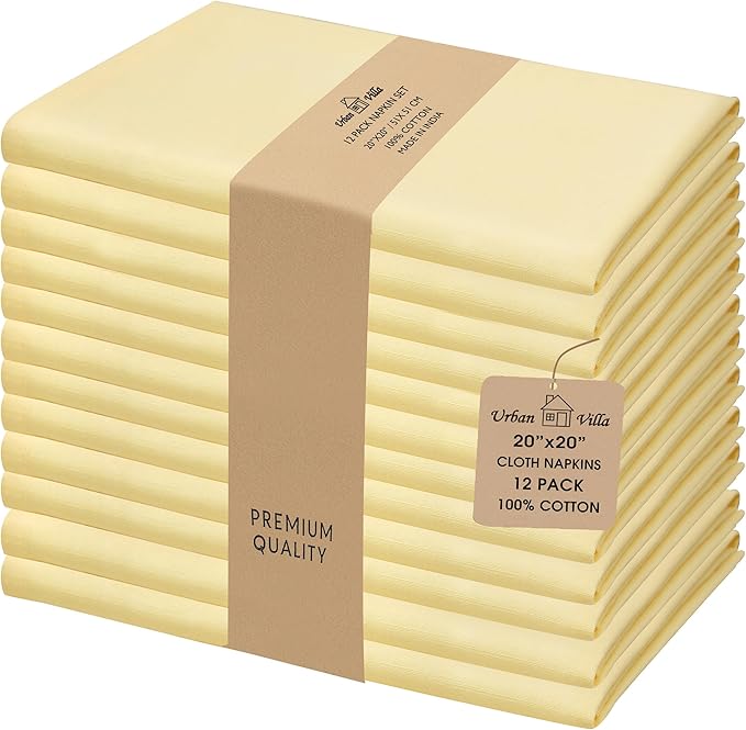 Urban Villa Cloth Napkins Set of 12 (20x20 Inches) 100% Cotton Napkins Cloth Washable Soft Durable Reusable Absorbent Table Dinner Napkins Cloth for Hotel Lunch Restaurant Weddings Parties – Yellow