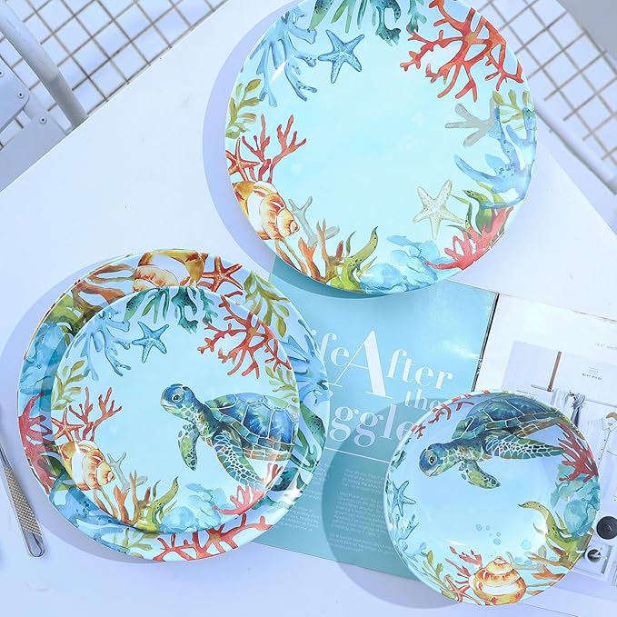 12-Piece Melamine Turtle Dinnerware Set, Ocean Plates and Bowls Sets, Indoor Outdoor Dish Sets for 4, Unbreakable Lightweight Tableware Set - Turtle
