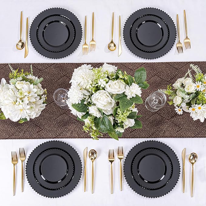 U-QE 60PCS Black Plastic Plates - Heavy Duty Black Disposable Plates Including 30PCS 10.25'' Dinner & 30PCS 7.5'' Dessert Plates -Hard Plastic Plate for Party Wedding Bridal Shower