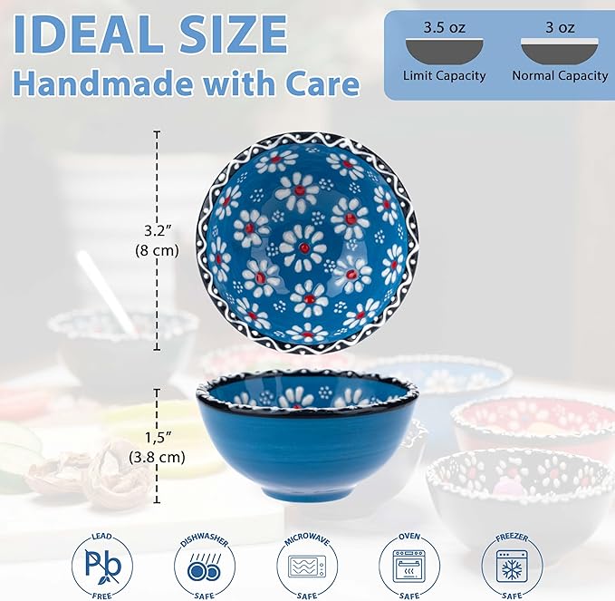 Ceramic Small Bowls, Dipping Bowls Set of 6, 3.5 Oz Soy Sauce Dish, Handmade Charcuterie Bowls, Colorful Pinch Bowls, Dishwasher & Microwave Safe Sauce Bowls, 3.2'' Mini Bowls (SULTAN'S GARDEN)