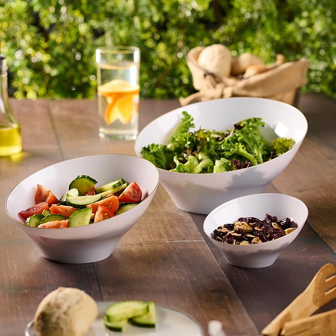 PLASTICPRO Angled Plastic Bowls Disposable Small Plastic White Serving Bowls with Gold Rim for Party for Appetizer Salads Pack of 8