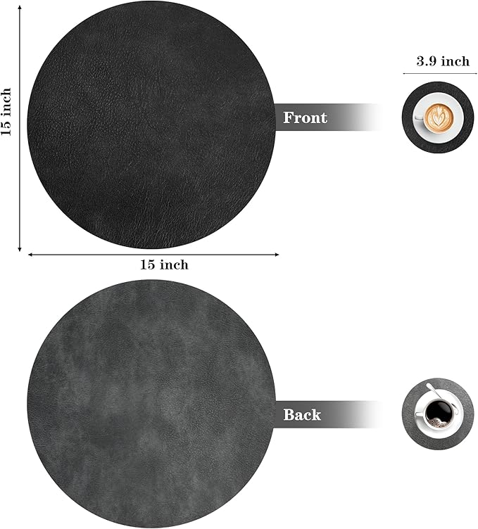 Round Placemats and Coasters Set of 6, Washable Reversible Faux Leather Placemats Cowhide Pattern Place Mats Wipeable Non-Slip 15 inch Round Kitchen Dining Table Mats (Gray Black, 6)