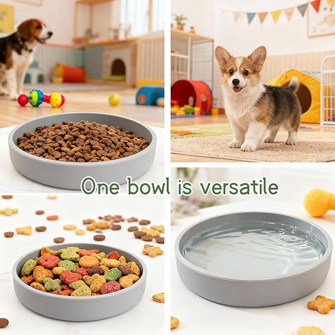 Silicone Cat Bowl Shallow Non-Slip Cat Dishes Set of 2 Relief Whisker Fatigue Small Pet Dog Bowls for Dry & Wet Food (Round Grey)