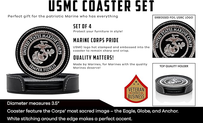 USMC Leather Coaster Set - 4 Premium Coasters with Hot Stamped Foil US Marines EGA Logo - Marine Corps Gift | USMC Leather Coasters