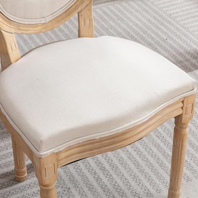 Ball & Cast French Vintage Upholstered Dining Chairs Set of 2, Farmhouse Antique Painting Wooden Kitchen Side-Chairs with Carved Solid Wood Frame, 2-Piece Curved Backrest Louis Chair, Linen Beige