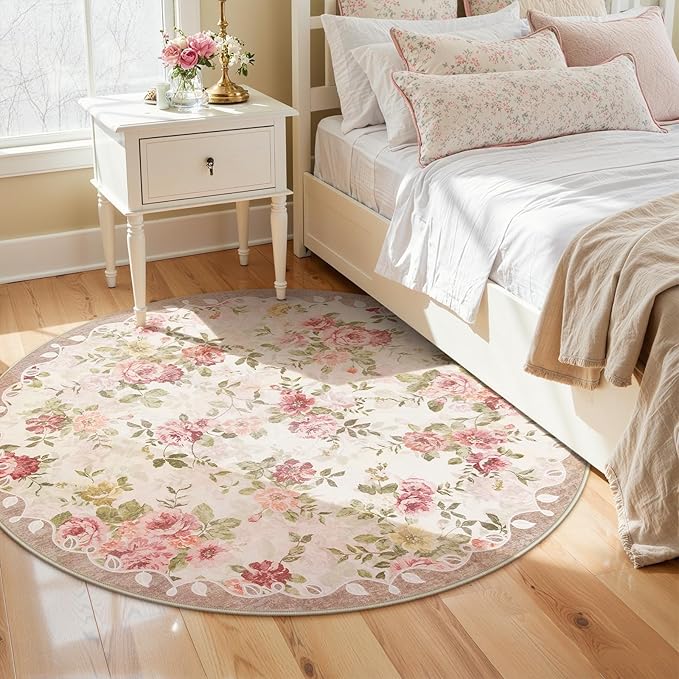 Lahome Floral Round Entryway Rug 4ft,Small Washable Circle Rug for Girls Bedroom Bathroom,Vintage Carpet for Kids Room, Office, College Dorm