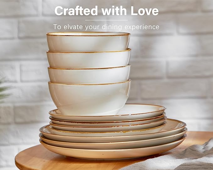 ONEMORE Ceramic Bowl Set of 6, 24 oz Soup Bowl Cereal Bowls with Brown Rim, Serving Bowls for Salad Snack Fruit Rice- Microwave Dishwasher and Oven Safe, Scratch Resistant - Cream White