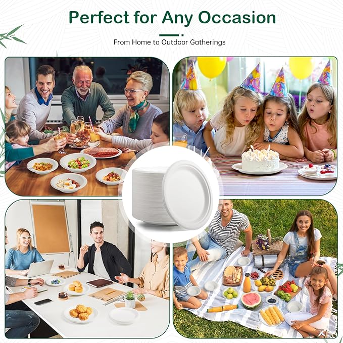 7 Inch 128 Pack Compostable Disposable Paper Plates, Heavy Duty Sugarcane Bagasse Plates, Biodegradable Eco-Friendly for Snacks & Parties, Unbleached White