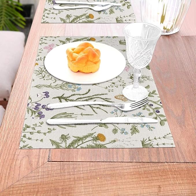 Placemats Set of 4 Vintage Wildflower Herbs Floral Rustic Butterfly Place Mats Floral Woven Table Mats Washable PVC Placemat for Dining Kitchen Decor Indoor Outdoor, 12 x 18 Inch
