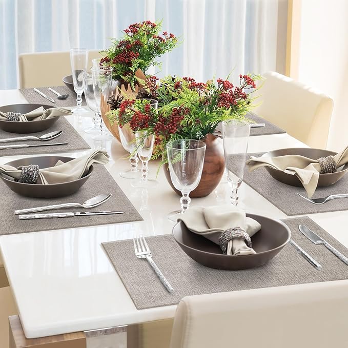 Faux Leather Placemats Set of 6 Washable PU Table mats for Kitchen Table - Heat Resistant, Waterproof, Easy Clean, Anti Slip 11.8" x 17" (Light Brown-6 Pack)