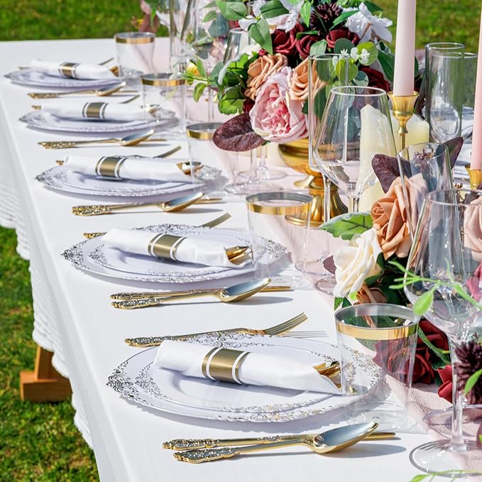 Nervure 175PCS Gold Plastic Plates - Disposable White Gold Party Plates & Pre Rolled Napkins with Cutlery for 25 Guests, 50Plates, 75Silverware, 25Cups, 25Napkin for Wedding & Party