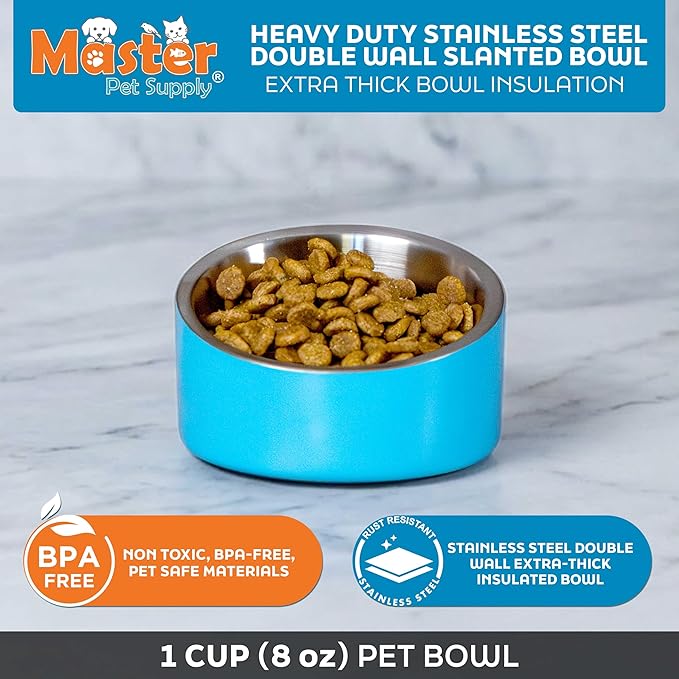 Master Pet Supply Stainless Steel Slanted Dog Cat Food Bowl - 8 oz Heavy Duty - True Blue, Double Wall Insulated, Non-Slip Elevated Bowl for French Bulldogs Pugs Cats, Anti Rust Dishwasher Safe