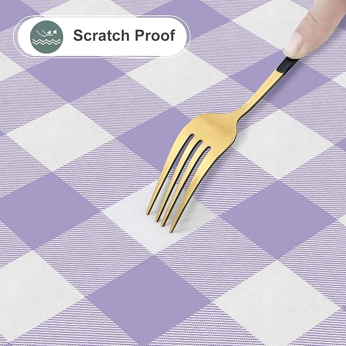 misaya Round Waterproof Vinyl Table Cloth, Buffalo Flannel Backed Tablecloth, Wipeable Plastic Table Cover for Dinner, Kitchen, Picnic (60", Lavender and White)